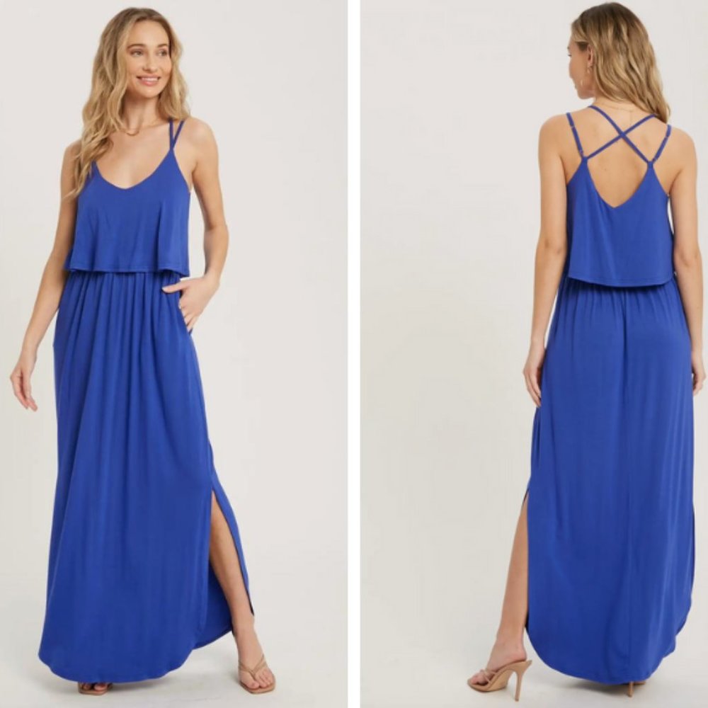 NWT Blu Ivy Kelly Strappy Back Jersey Maxi Dress Blue